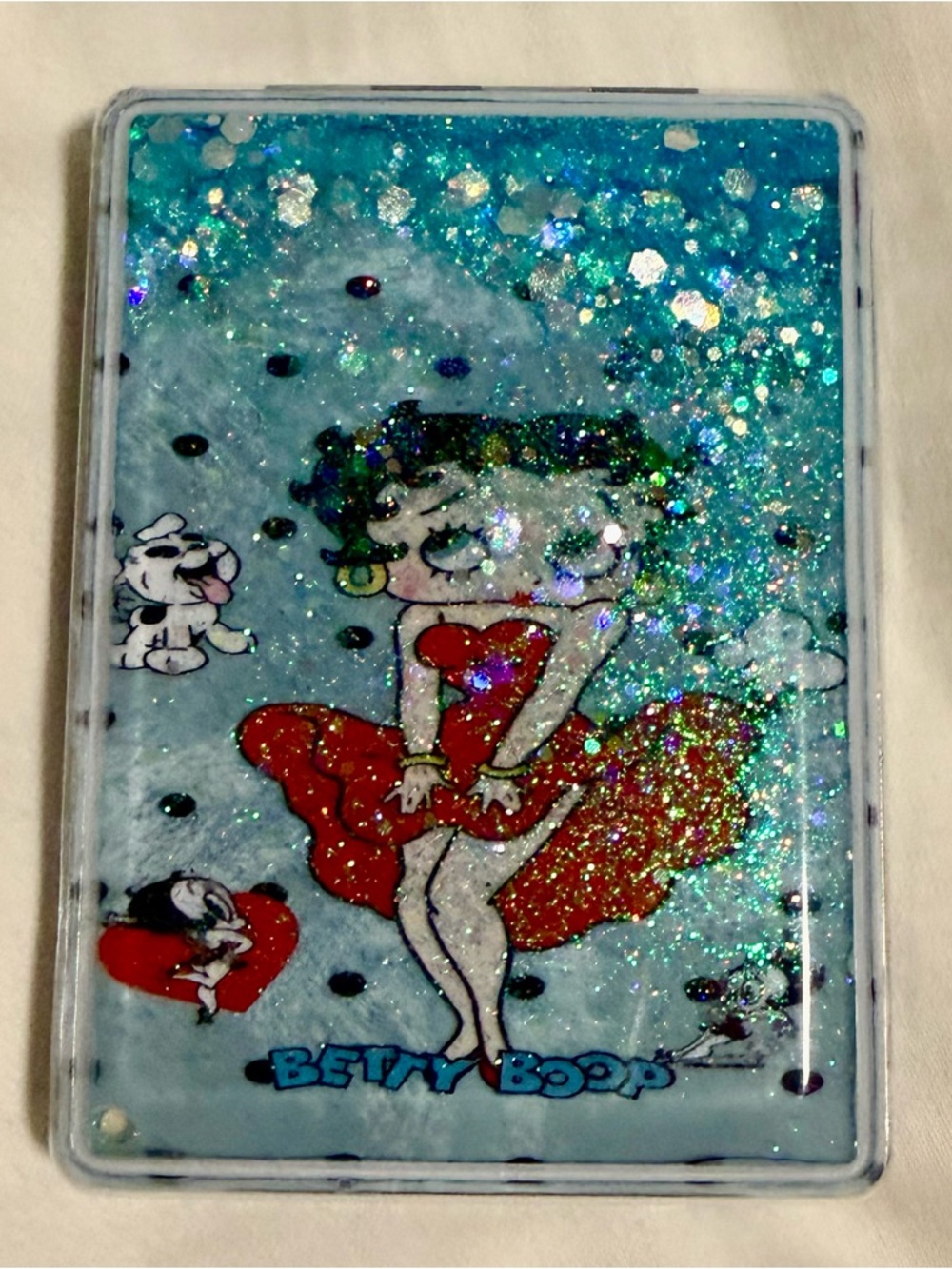 Betty Boop Compact Mirror double sided with moving Glitter in Teal and Red! NEW